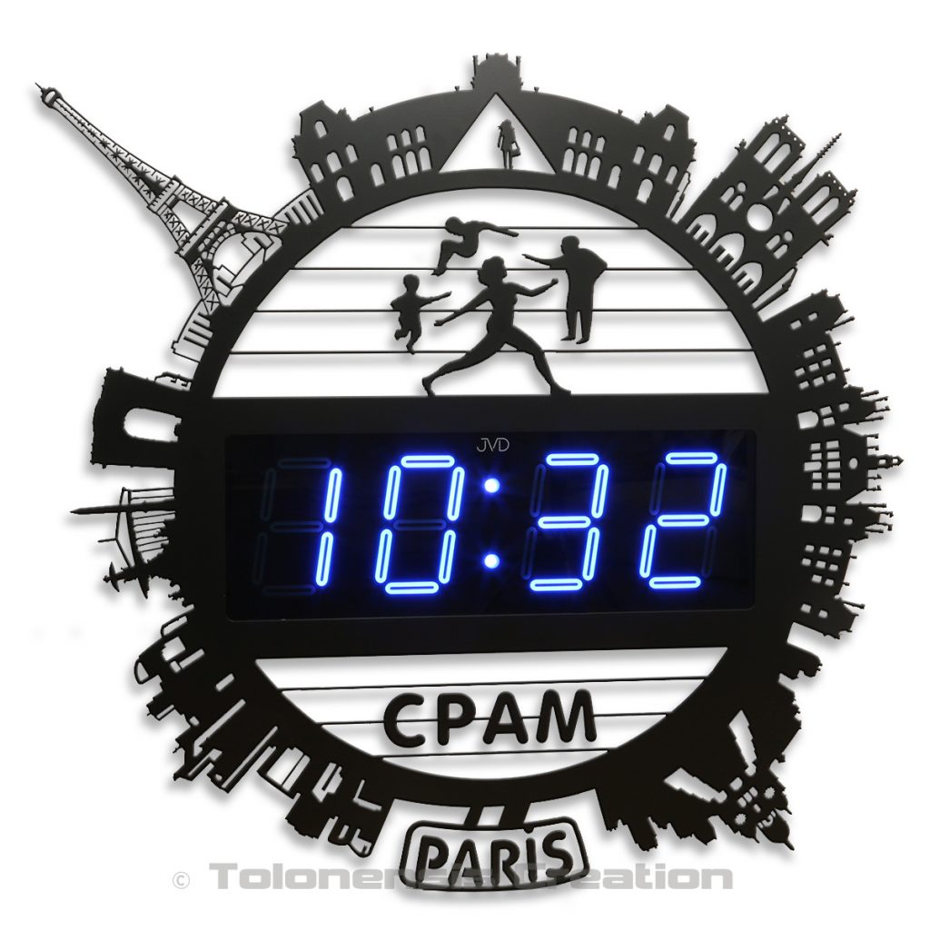 Décoration Little Planet Paris grand format équipée d'une horloge digitale réalisée pour le compte de la Caisse Primaire d'Assurance Maladie de Paris